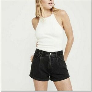 Abercrombie & Fitch Annie high-rise black denim short cuffed pleated front